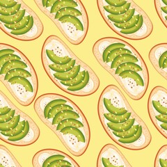 Bruschetta with avocado. White bread sandwiches seamless pattern. Vector food illustration.