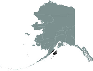 Black highlighted location map of the US Kodiak Island borough inside gray map of the Federal State of Alaska, USA