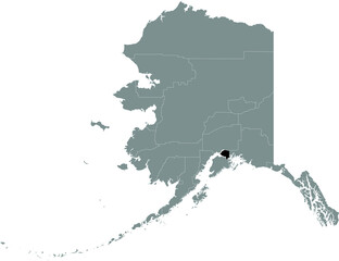 Black highlighted location map of the US Anchorage city-borough inside gray map of the Federal State of Alaska, USA