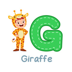 cute little kid wear costume for learn alphabet