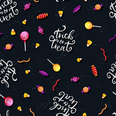 Halloween Candy seamless pattern, hand lettering Trick or Treat, candy corn - great for textiles, banners, wallpapers, wrapping - vector design