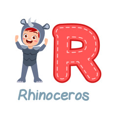 cute little kid wear costume for learn alphabet