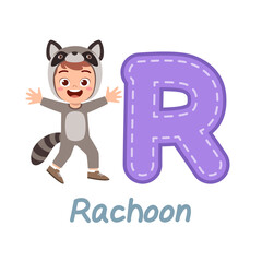 cute little kid wear costume for learn alphabet