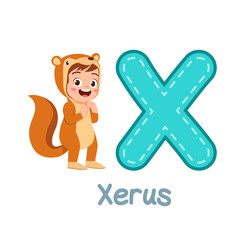 cute little kid wear costume for learn alphabet