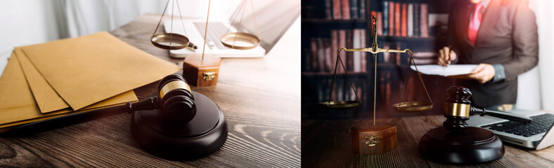 Business and lawyers discussing contract papers with brass scale on desk in office. Law, legal services, advice, justice and law concept picture with film grain effect