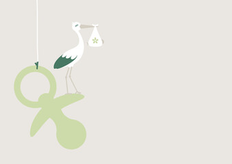 Storch Mit Baby Unisex Auf Großem Hängendem Schnuller Grün Beige