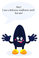 Cartoon sunflower seed. A seed with a face, arms and legs. A living character. Food for children.