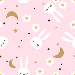 Seamless pattern with Cute rabbit, stars, moons and daisy flower on pink background vector illustration. Cute childish print.