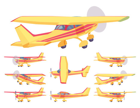 Light aircraft, orange, yellow, red stripe plane livery set. Small regional logistics, mobility and transportation. Vector flat style cartoon illustration isolated on white background, different views