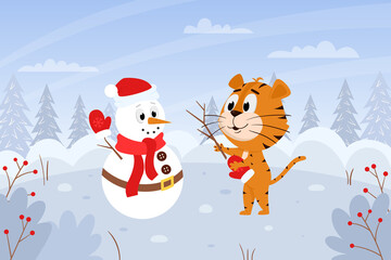 Cute cartoon tiger with a snowman. Winter landscape with a forest. The symbol of the year. Animal character. Color vector illustration.Flat style
