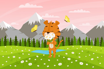 Obraz na płótnie Canvas Cute cartoon tiger sniffs flowers on the background of mountains and fields. Spring landscape. The symbol of the year. Animal character. Color vector illustration for kids.Flat style