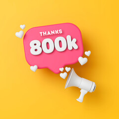 800 thousand followers social media thanks banner. 3D Rendering - obrazy, fototapety, plakaty