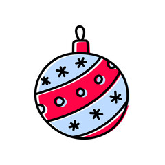 Christmas ball sketch. Doodle line web icon. New Year festive vector handdrawn color illustration for greeting card