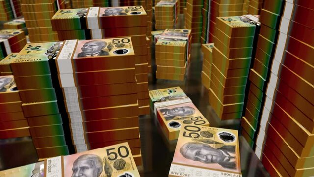 Australian Dollar money notes packs loop. 3D flight over AUD banknotes stacks towers. Loopable seamless abstract background concept of business, economy crisis, recession and finance in Australia.