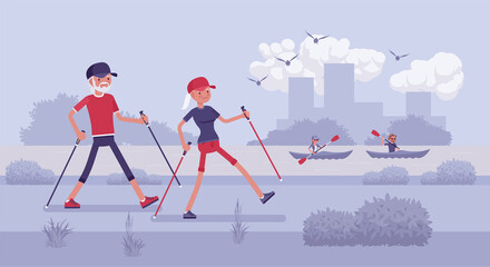 Active seniors, happy healthy elderly people nordic walking with poles. Couple of older adults, athletes enjoying outdoor park promenade. Beautiful summer, spring river nature scenery background