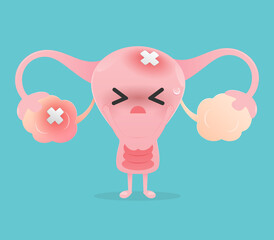 Illustration uterus inflamed ovary against a blue and white background. Vector cute style cartoon character illustration for applications medical website. The concept of prevent cervical cancer.