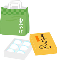 お土産の紙袋と箱詰めの饅頭