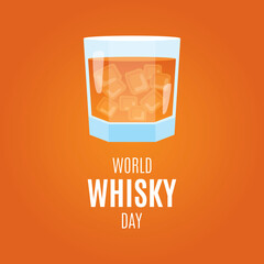 World Whisky Day vector. Glass of whiskey with ice vector. Whisky drink icon isolated on a brown background. Important day