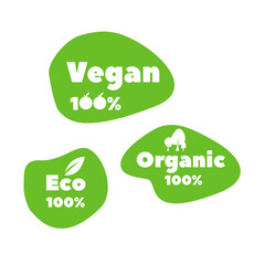 Vegan, Eco and organic set in vector EPS. 100% quality and plant based. Plant based market and product icons set. Green background and leaf as a simbol of eco product.