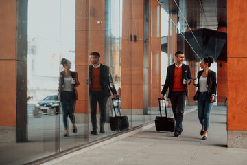 Business man and business woman talking and holding luggage traveling on a business trip