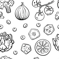 Seamless pattern with fruits, vegetables and berries in black line sketchy style isolated on white background. Doodle hand drawn vector illustration