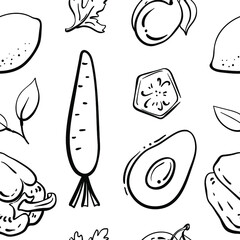 Seamless pattern with fruits, vegetables, herbs and berries in black line sketchy style isolated on white background. Doodle hand drawn vector illustration