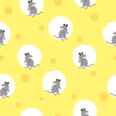 Seamless cheese pattern with cute rats. Vector background with mice