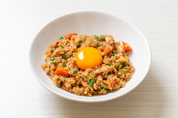 salmon fried rice with pickled egg on top