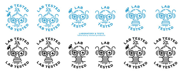 Concept for product packaging. Labeling - lab tested. The icon of a doctor or laboratory assistant in the form of a research flask with glasses is a symbol of medical research or verification.Vector