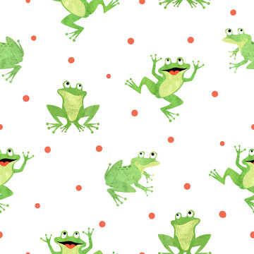 Cute frog pattern. Seamless vector background with cartoon green frogs