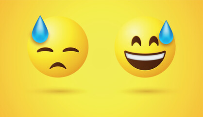 Smiling Emoji Face with Sweat and Downcast Emoticon Face with Sweat - Happy Grinning emotion and Sad Disappointed reaction - Exercise, Hard Work emojis, emoticons