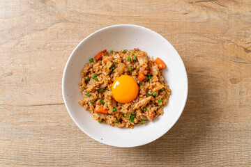 salmon fried rice with pickled egg on top