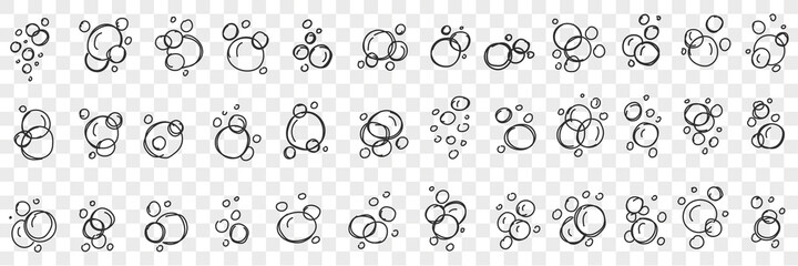 Soap bubbles shapes doodle set. Collection of hand drawn various shapes of soap frothy bubbles on water in rows isolated on transparent background  © drawlab19