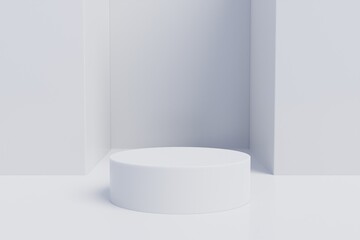 Blank white product podium pedestal, a platform for design, isolated on minimalism abstract white background with shadow. 3D illustration
