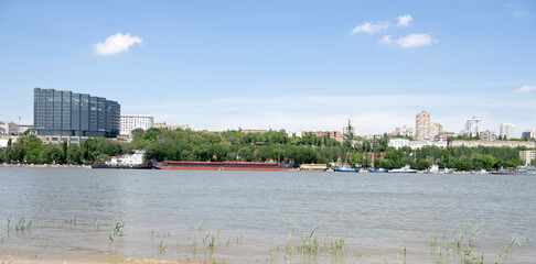 Naklejka premium View of the city from the left bank. On the Don River sailing ship