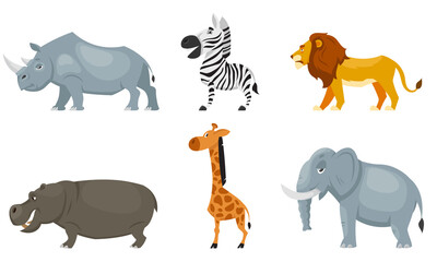 Set of african animals side view. Wildlife inhabitants in cartoon style.