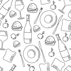 Vector seamless pattern of barbecue, barbecue, grill. Picnic in flat cartoon style. Collection of barbecue tools for cafe © Katisko