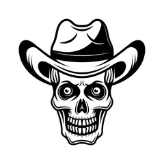 Skull in cowboy hat vector illustration in monochrome vintage style isolated on white background