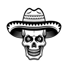 Skull in sombrero hat vector illustration in monochrome vintage style isolated on white background