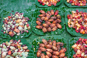 Raw insects, on banana leaf