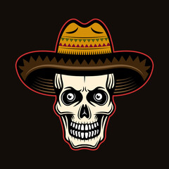 Skull in sombrero hat vector illustration in colorful cartoon style isolated on dark background