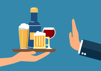 Businessman refused drinking alcohol offered by waiter in flat design.  Stop drinking beer for good health.