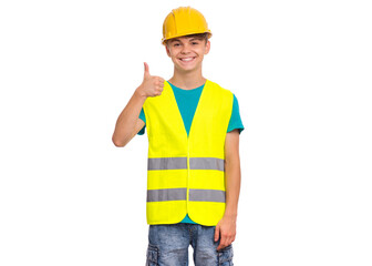 Emotional portrait of handsome teen boy wearing safety jacket and yellow hard hat. Happy child looking at camera, isolated on white background. Funny cute guy - construction