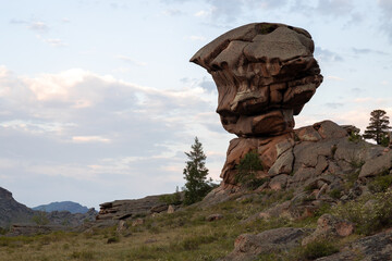 Rock Kempirtas - the old woman stone in Bayanaul National Park, Kazakh Uplands.