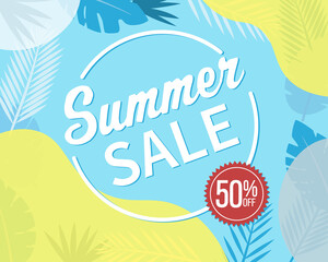 Summer sale discount banner template with tropical palm leaves. Vector illustration.