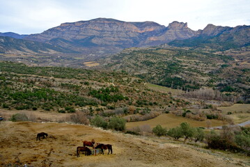 Winter view on valley of Isabena made from the village of Roda de Isabena, Huesca, Aragon, Spain.