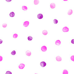 Magenta, pink, rose vector watercolor round spots, polka dots seamless repeat vector pattern. Hand drawn painted dotty background. Watercolour uneven blobs, smears, circle shape brush strokes.