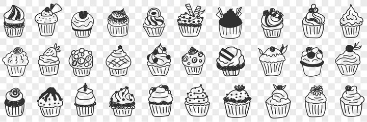 Tasty cupcakes dessert doodle set. Collection of hand drawn various cupcakes homemade with cream custard and decorations for events and birthday party in rows isolated on transparent background  © drawlab19