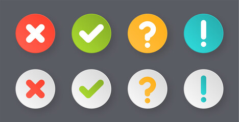 checkmark buttons approved, rejected, ask, info or tick and cross symbols with information, question button - green correct true or red wrong false - obrazy, fototapety, plakaty