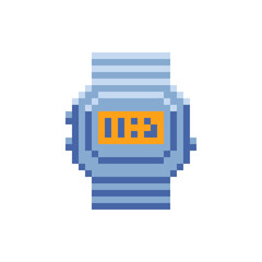 Digital watch icon. Pixel art style. Knitted design. 8-bit sprites. Isolated vector illustration.